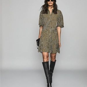 Reiss Ottoline Spot Printed Mini Dress in Khaki- US Size 8